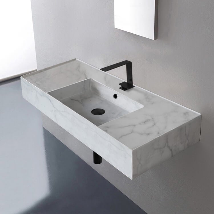 Scarabeo 5124-F Marble Design Ceramic Wall Mounted or Vessel Sink With Counter Space